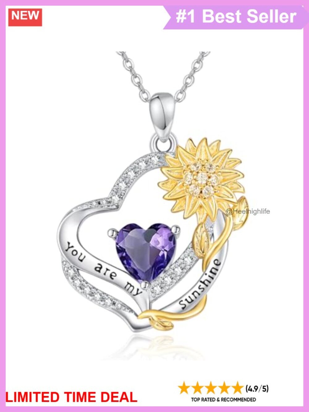 Sterling Silver Sunflower Heart Pendant Necklace You Are My Sunshine